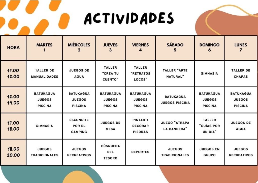 Calendario de actividades primera semana de julio