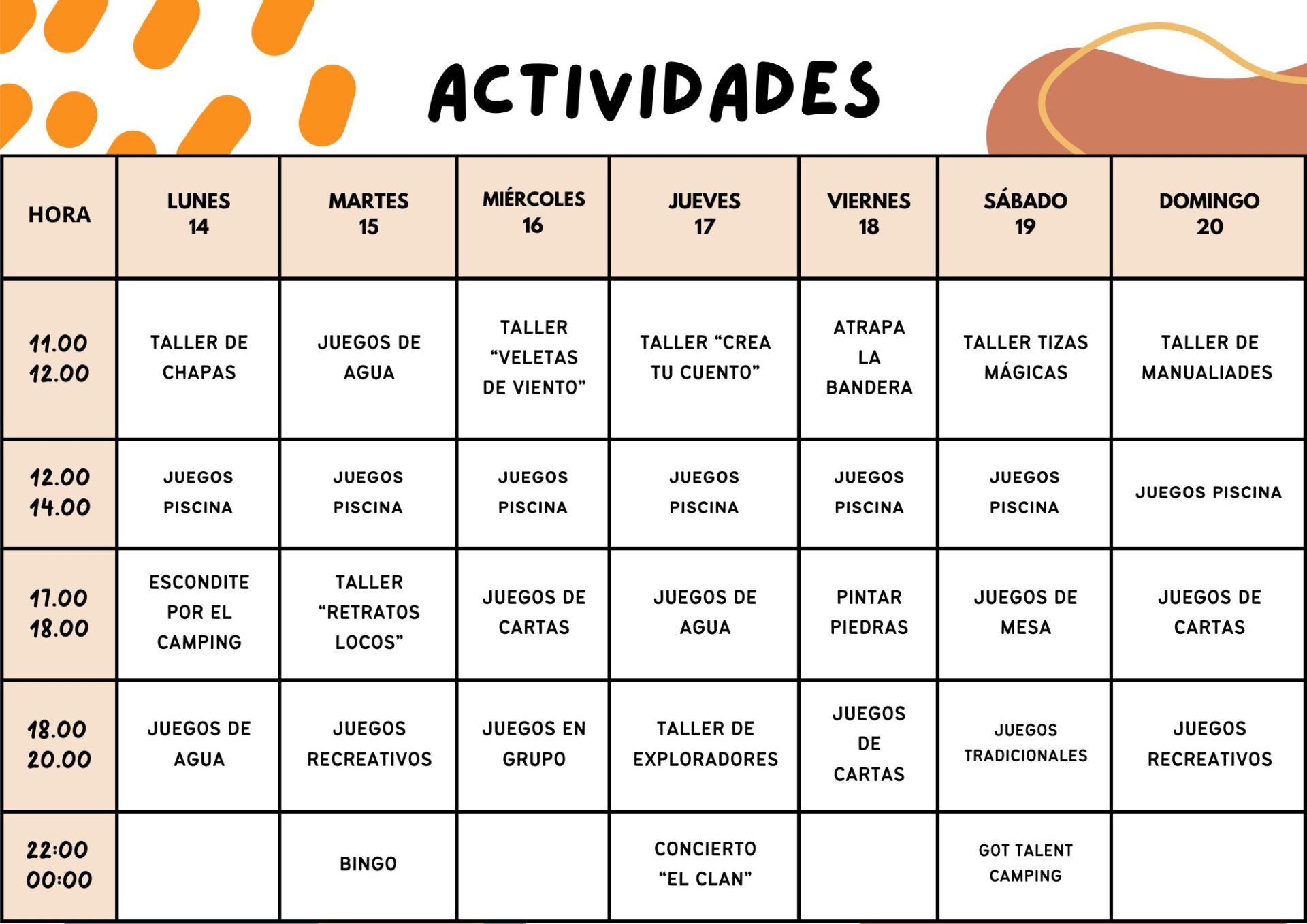 Horario de actividades de Camping Rio Jerte Horario de actividades de Camping Rio Jerte para la tercera semana de Julio ( del 14 al 20 de Julio)