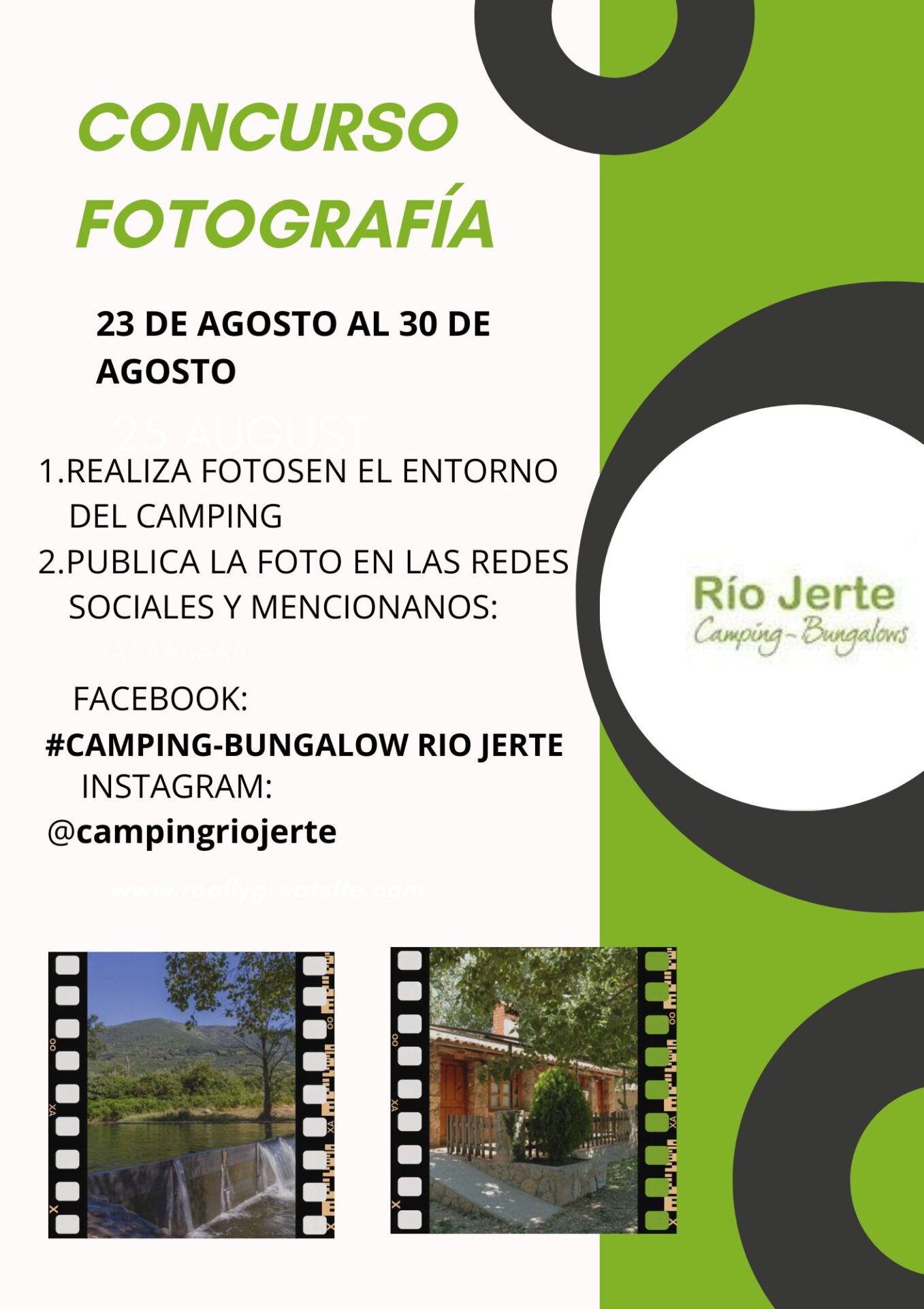 Cartel Concurso de Fotografía Cartel del concurso de fotografía en Camping Río Jerte del 23 al 30 de agosto, con premios sorpresa para los ganadores el sábado 30 en Navaconcejo, Valle del Jerte