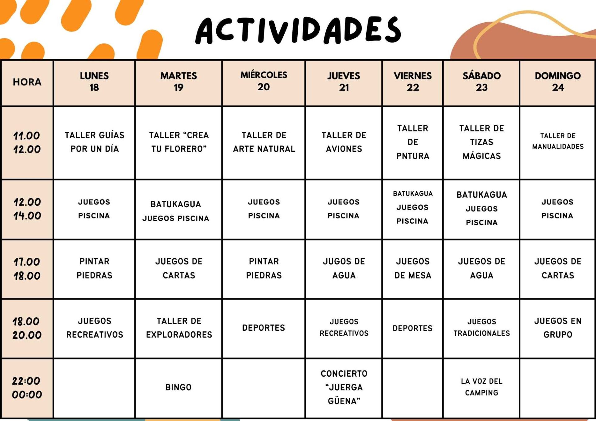 Horario Camping Semana 18-24 agosto Horario de actividades del Camping Río Jerte del 18 al 24 de agosto, con talleres, juegos acuáticos, deportes, conciertos y eventos familiares en Navaconcejo, Valle del Jerte