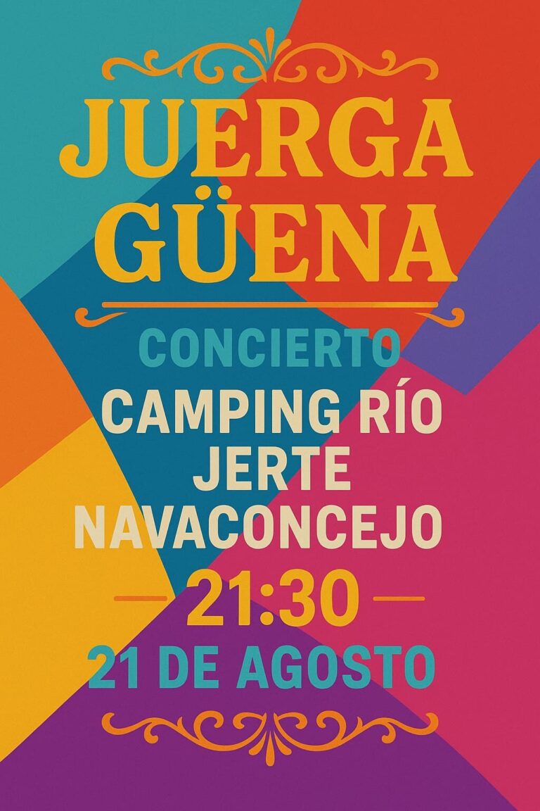 Cartel concierto Juergagüena en Camping Río Jerte Navaconcejo el 21 de agosto a las 21:30 horas